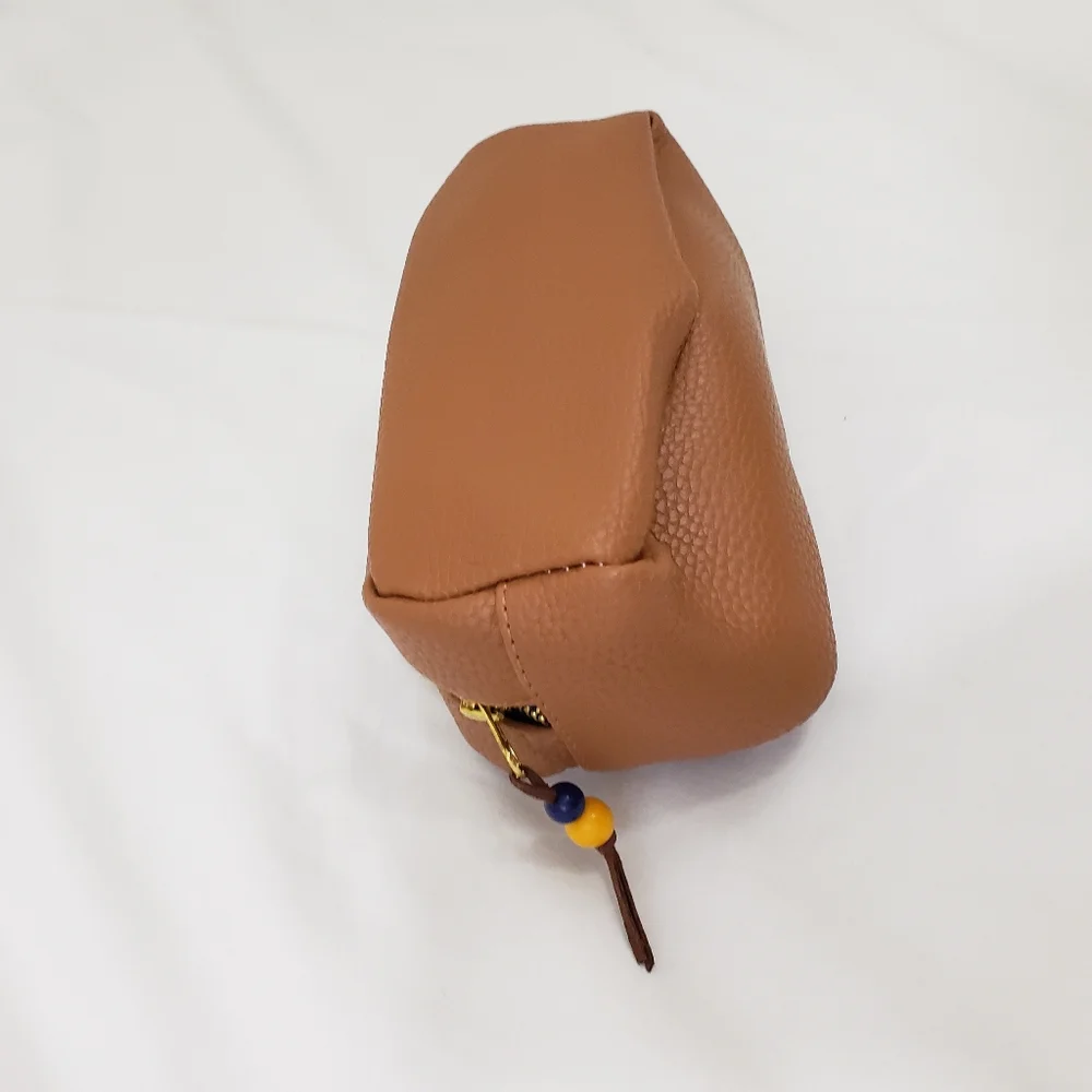 Faux Leather Tan Cognac Zippered Pouch Pencil Case Makeup Bag